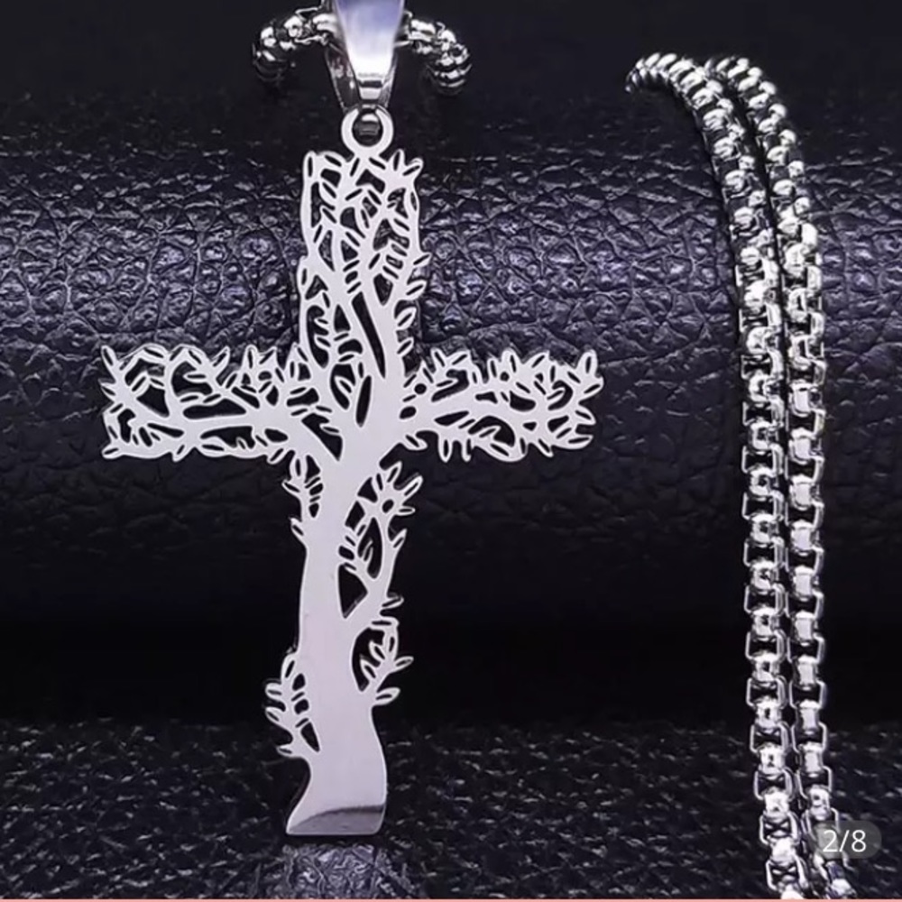 SILVER NECKLACE WITH TREE OF LIFE CROSS PENDANT- Very Unique